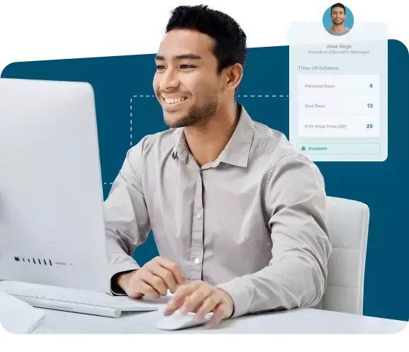 Happy man working at a desktop computer with a digital profile interface overlay.