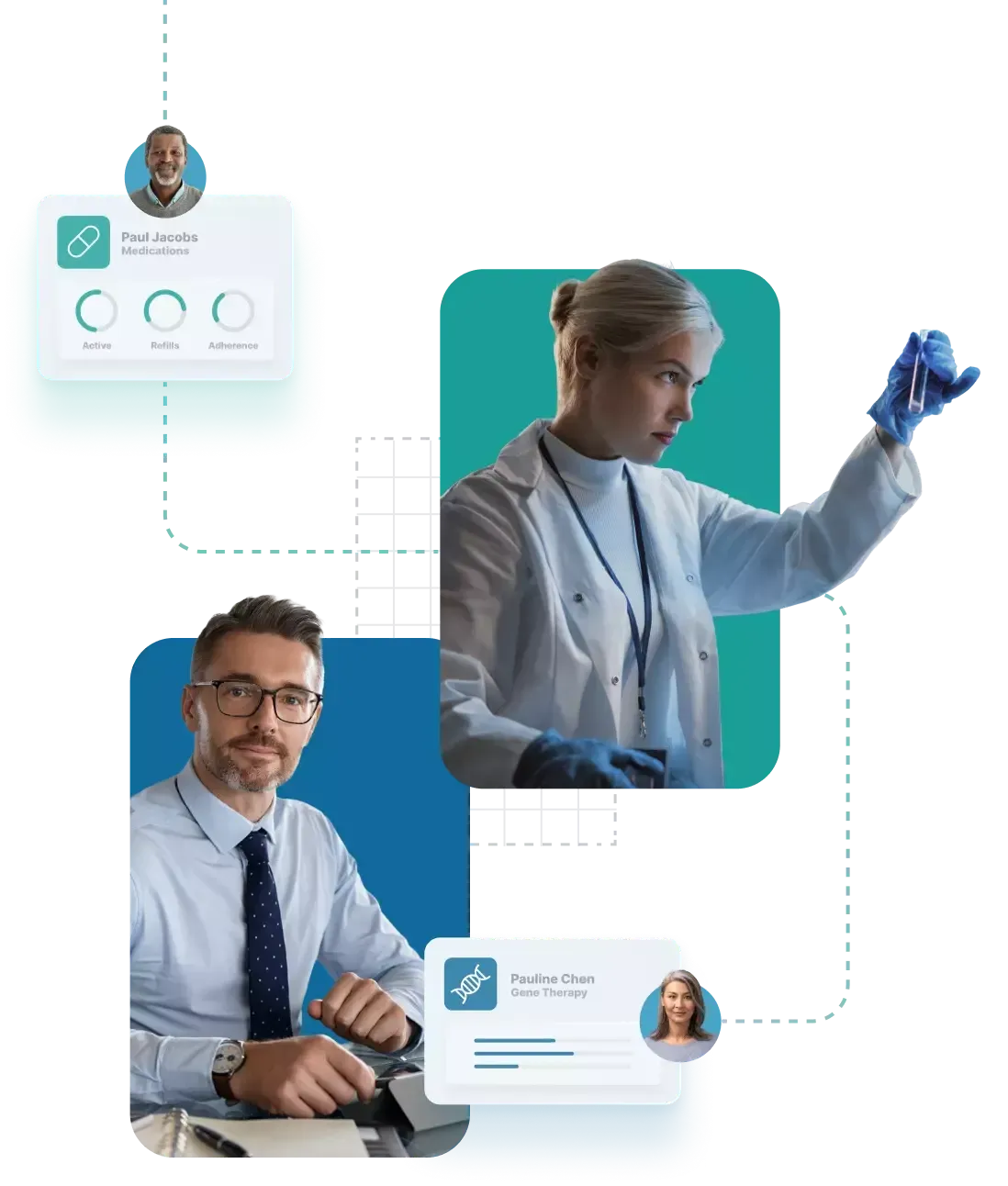 Illustration of specialty pharmacy professionals reviewing patient care data"