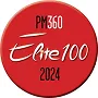 Red circular badge recognizing PM360 Elite 100 for the year 2024.